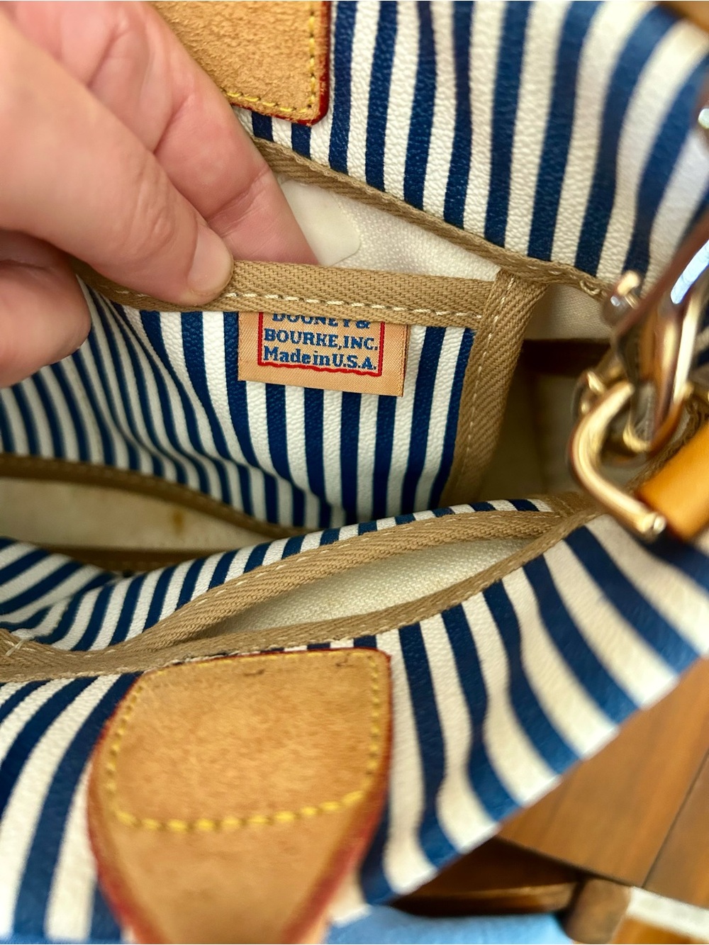 Dooney & Bourke Vintage Striped Navy and White Canvas Tote with Tan Leather Trim - Picture 7 of 10